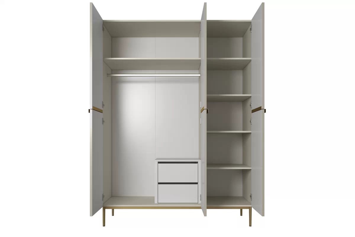 Skriňa Nicole 150 cm s policami a zásuvkami - kasmír / zlaté nožičky Skriňa Nicole 150 cm z policami i zásuvkami - kašmír / zlote nozki - Limitovaná ponuka expozície