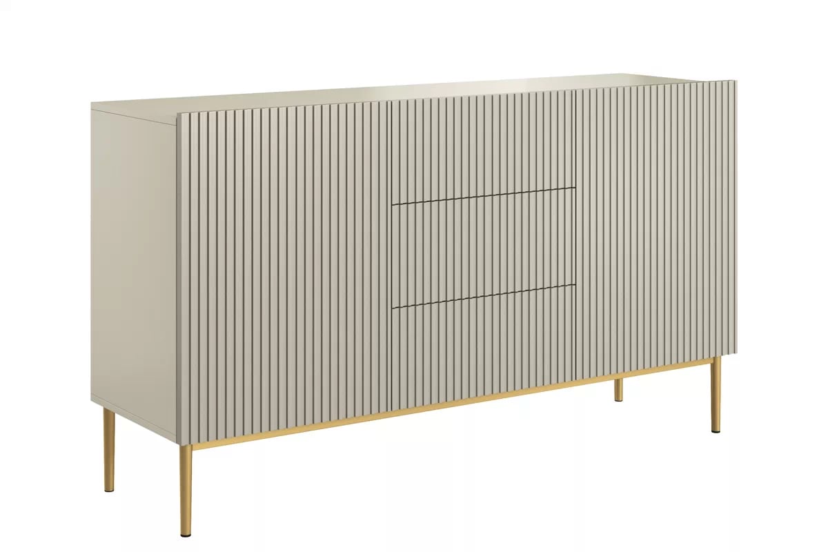 Komoda Nicole 150 cm so zásuvkami a ryhovaným čelom - kasmír / zlaté nožičky Komoda Nicole 150 cm so zásuvkami i ryflowanym frontem - kašmír / zlote nozki - Limitovaná ponuka expozície