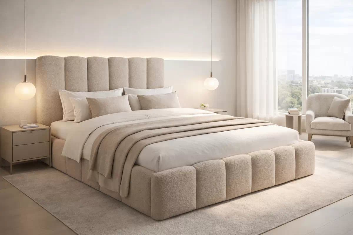 Čalúnená posteľ Aura 160x200 s úložným priestorom Čalúnená posteľ Aura 160x200 krémová s úložným priestorom, pohľad spredu s čelom postele