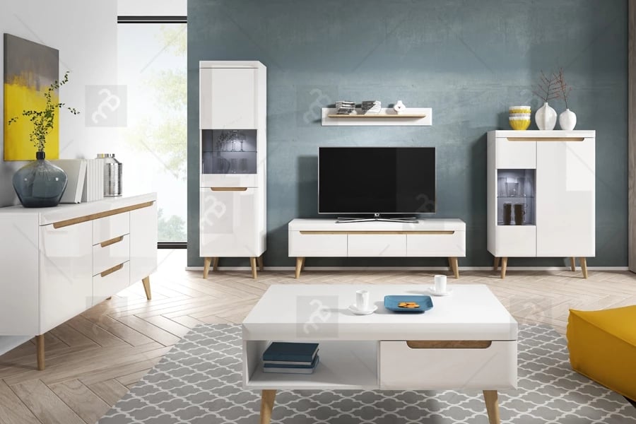 Dvoudveřová vitrína Dorin - bílý lesk / dub riviera - výprodej Solidne, biale Nábytek do obývacího pokoje