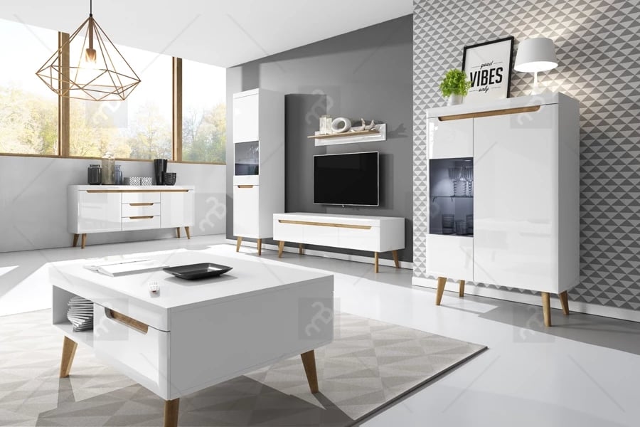 Dvoudveřová vitrína Dorin - bílý lesk / dub riviera - výprodej Solidne Nábytek do obývacího pokoje