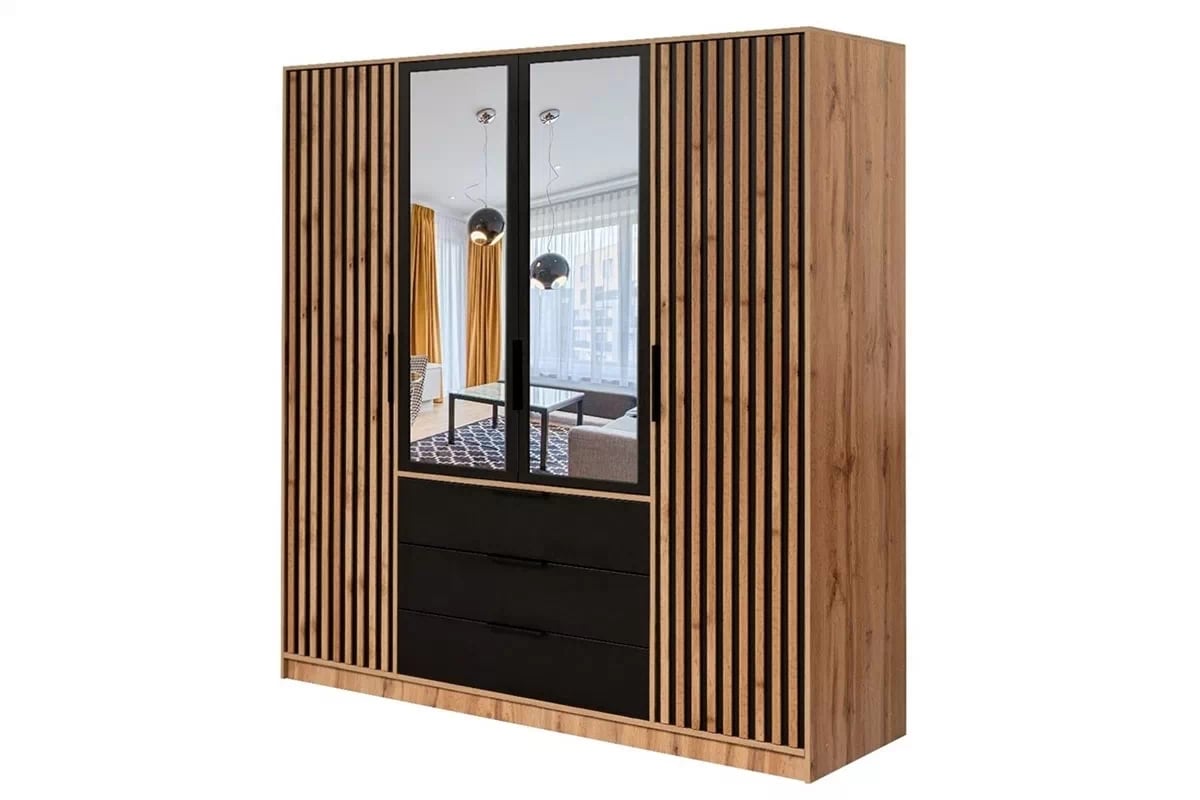 Šatníková skriňa Bali 196 cm so zrkadlom a lamelami – dub wotan / čierna Skriňa Bali Lux D4