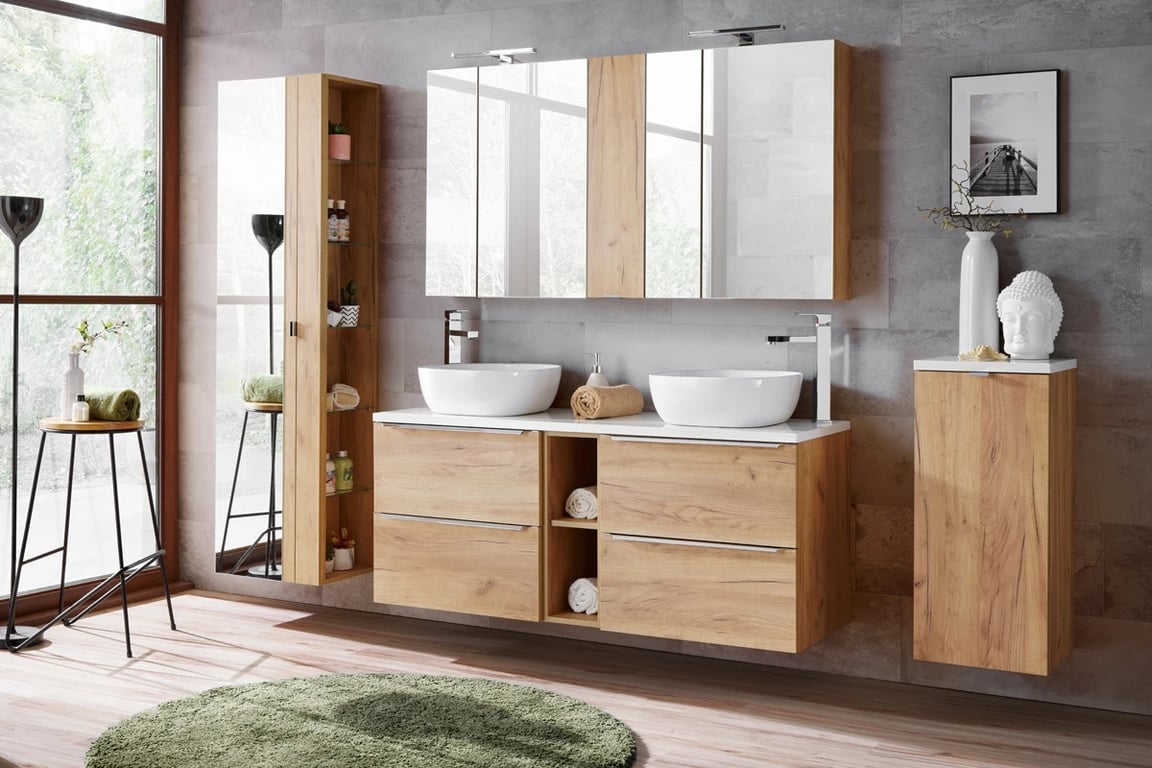 Koupelnová skříňka s košem Capri Oak 811 - dub kraft žlutý Komplet do koupelny s osvětlením 