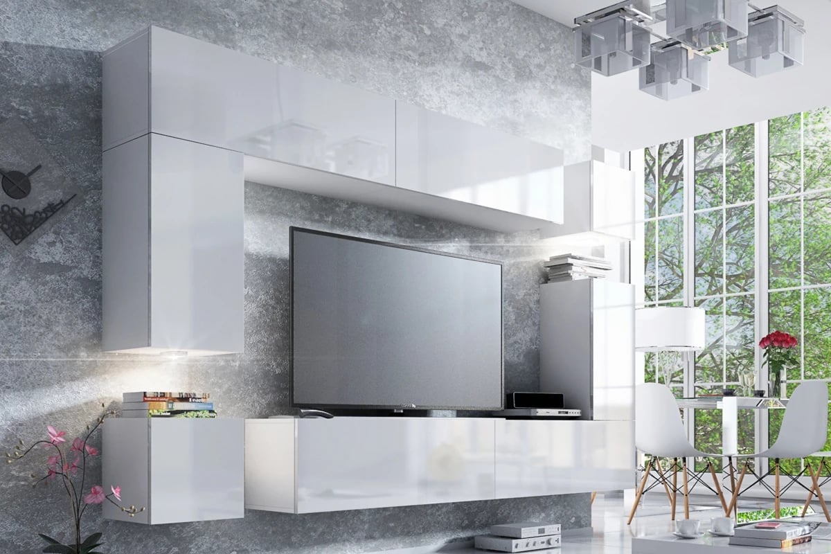 Závesná skrinka Combo 1 - Biela/MDF biely lesk moderná Obývacia stena 