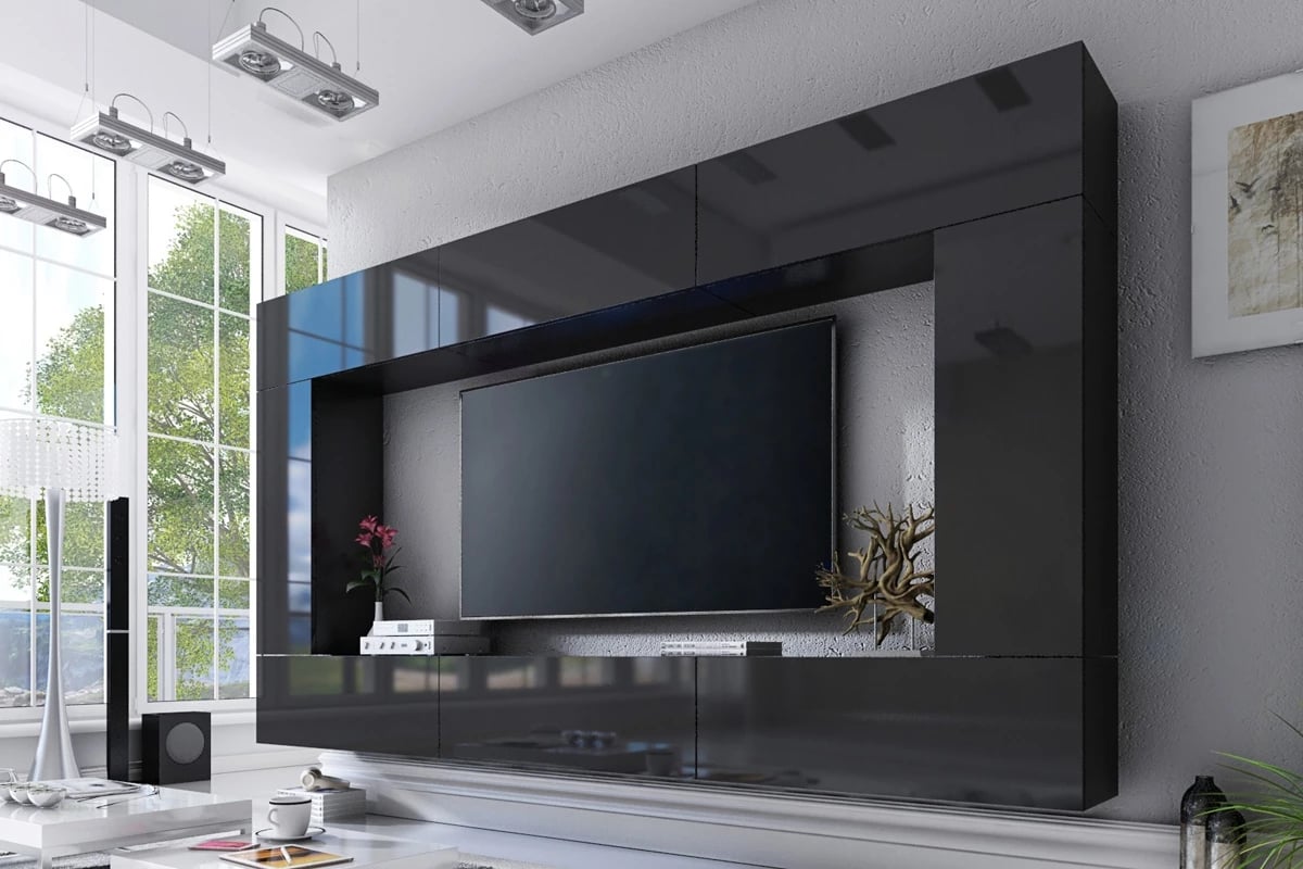 Závesná skrinka výklopná Combo 5 - grafit/MDF Čierny lesk - Koncovka Série Moderná obývacia stena 