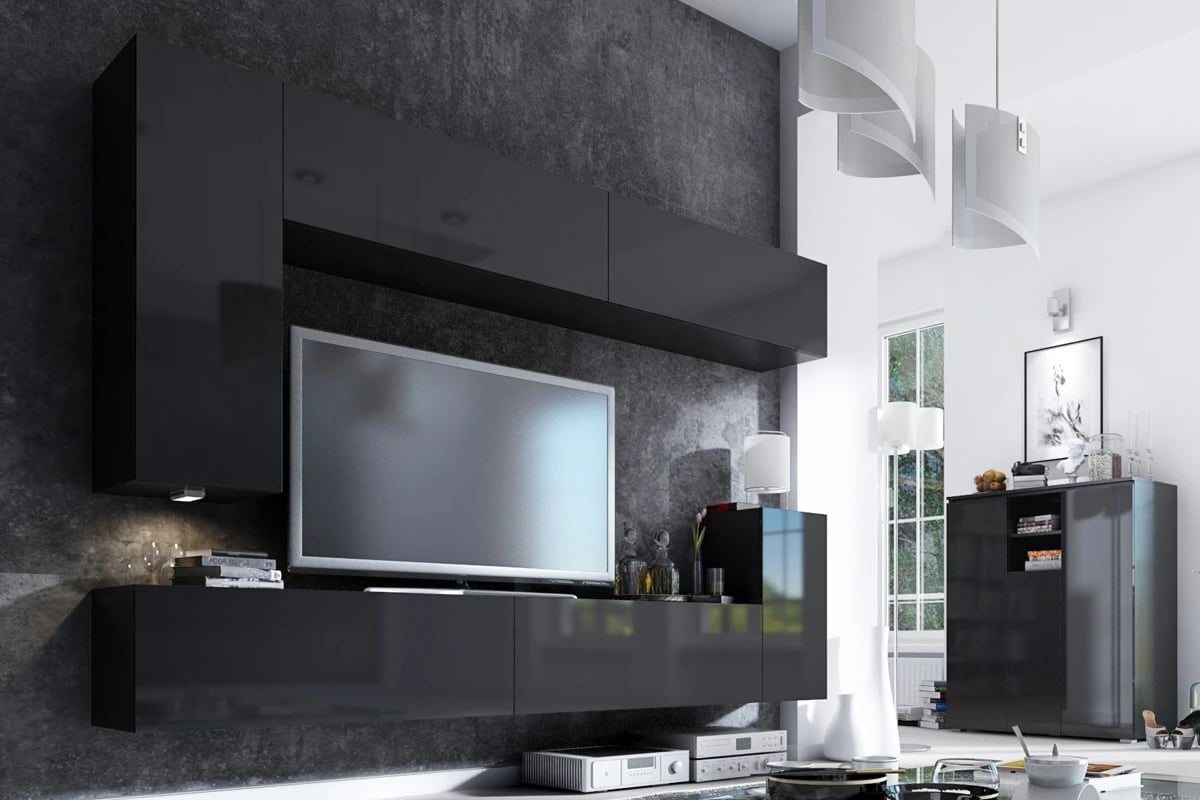 Závesná skrinka výklopná Combo 5 - grafit/MDF Čierny lesk - Koncovka Série Obývacia stena 