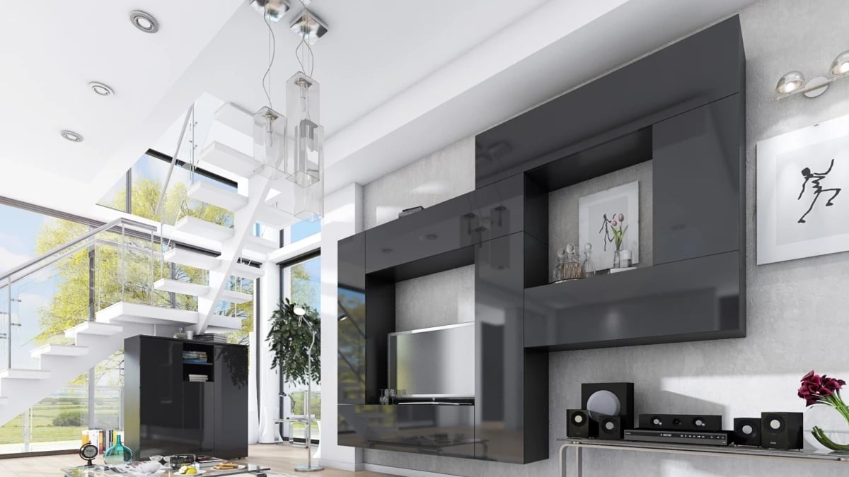 Závesná skrinka výklopná Combo 5 - grafit/MDF Čierny lesk - Koncovka Série Komplet nábytku Combo