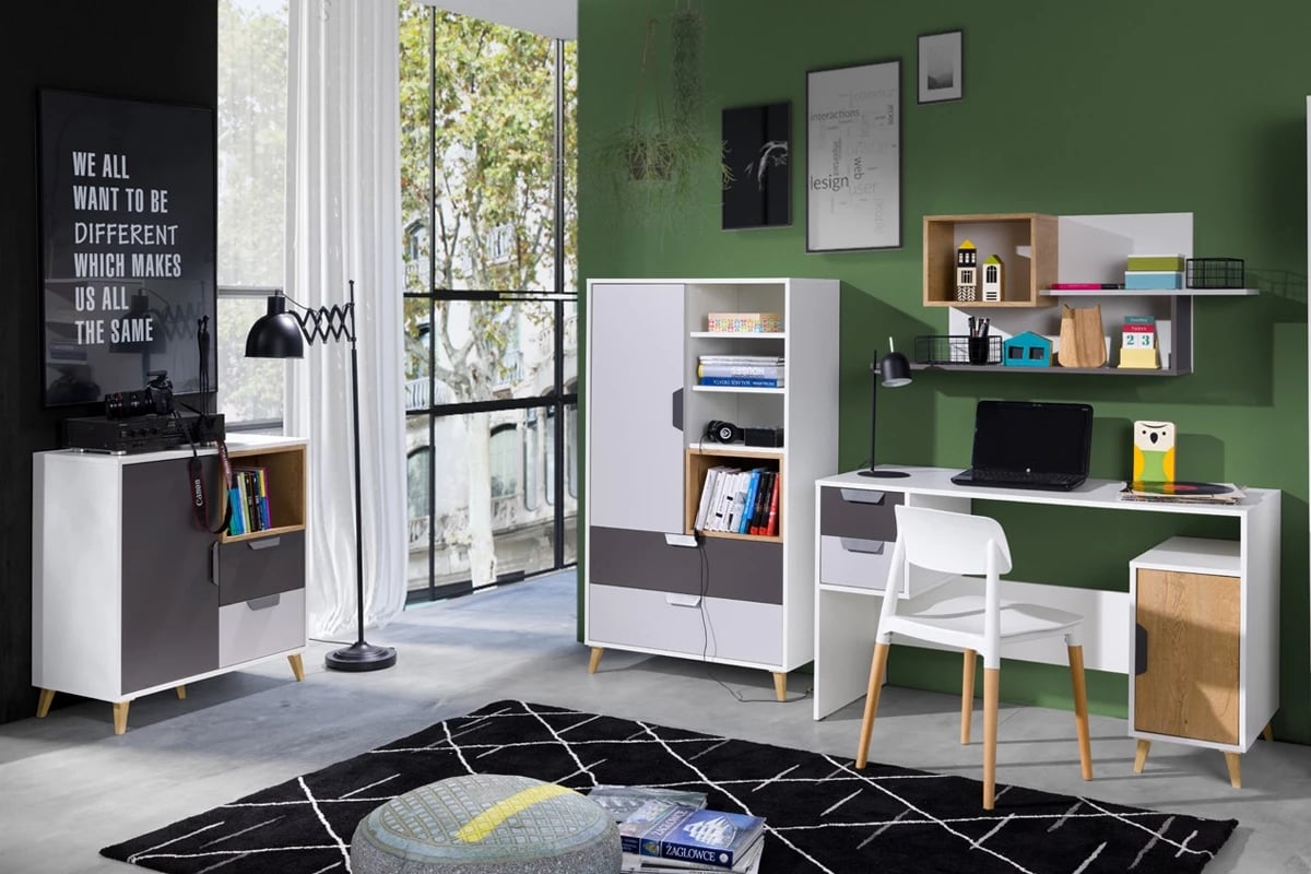 Polica na stenu Shark 12 - biely/grafit/šedý/Dub Lefkas Komplet nábytku z szafa i biurkiem 