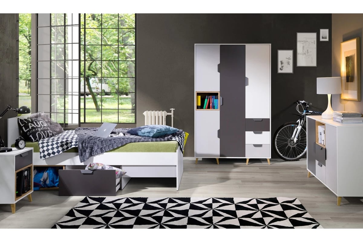 Polica na stenu Shark 12 - biely/grafit/šedý/Dub Lefkas Spálňa mlodziezowa 