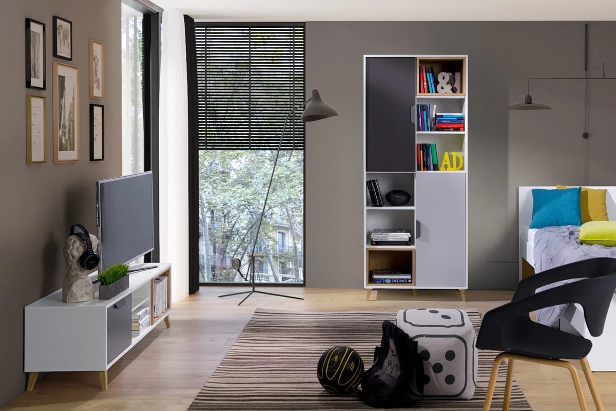 Polica na stenu Shark 12 - biely/grafit/šedý/Dub Lefkas Nábytok do spálne w izby dzieciecym 