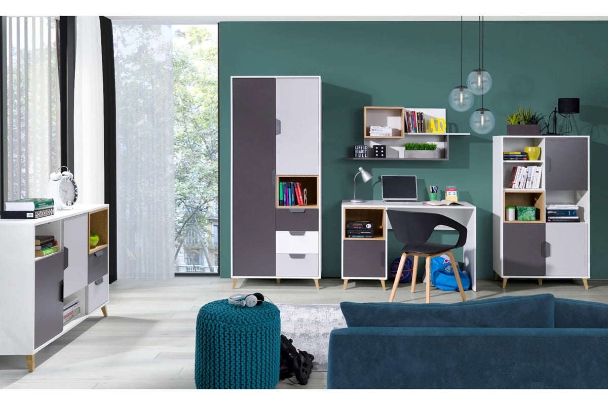 Polica na stenu Shark 12 - biely/grafit/šedý/Dub Lefkas Komplet nábytku dzieciecych z lozkiem 