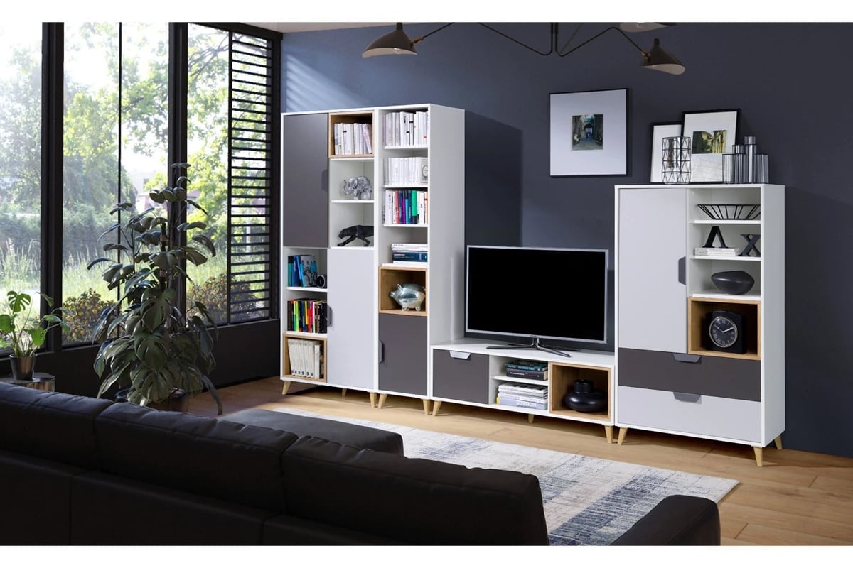 Polica na stenu Shark 12 - biely/grafit/šedý/Dub Lefkas Regály i TV skrinka do salonu