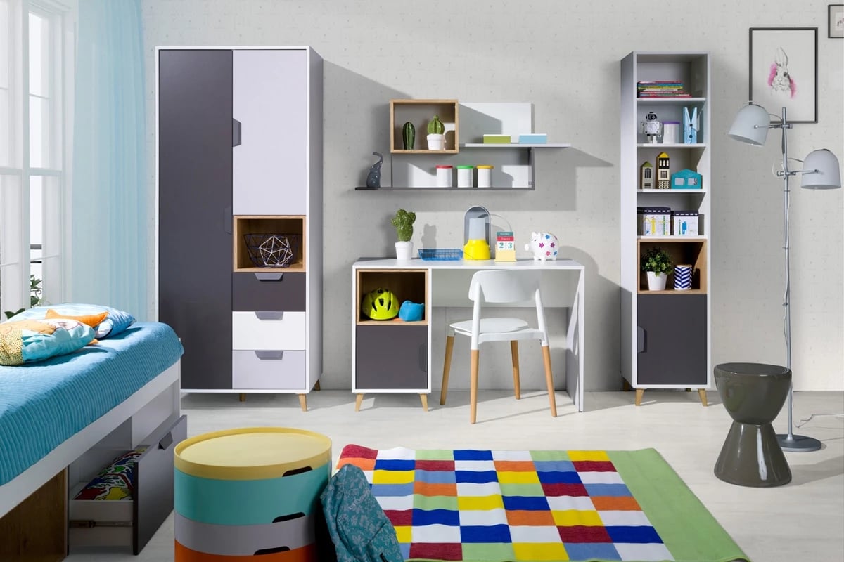 Polica na stenu Shark 12 - biely/grafit/šedý/Dub Lefkas Komplet nábytku dzieciecych z biurkiem  