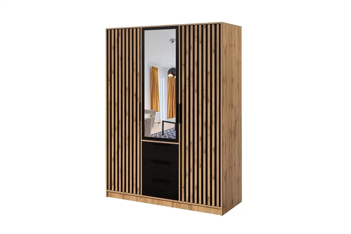 Skříň Bali 149 cm s lamelami - dub wotan / černá skříň Bali D3 Lux