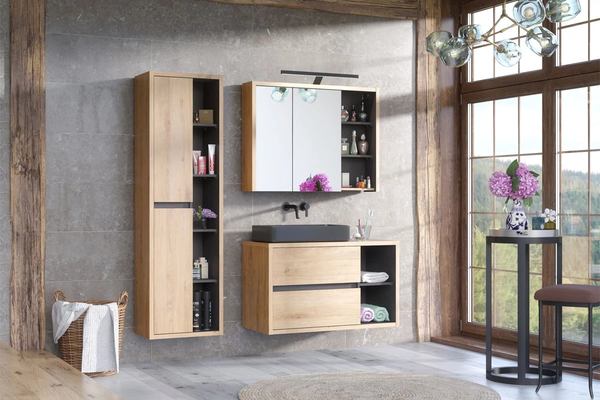 Zrkadlová skrinka do kúpeľne Devon 846 - Dub Shetland / Grafit kolekcia Devon - Dub Sthetland / Grafit - vizualizácia