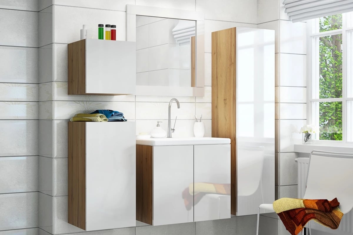 Combo 12 - Dub wotan/MDF biely lesk - Koncovka Série Szafka łazienkowa Combo 12 - dąb wotan/MDF biały połysk - aranżacja