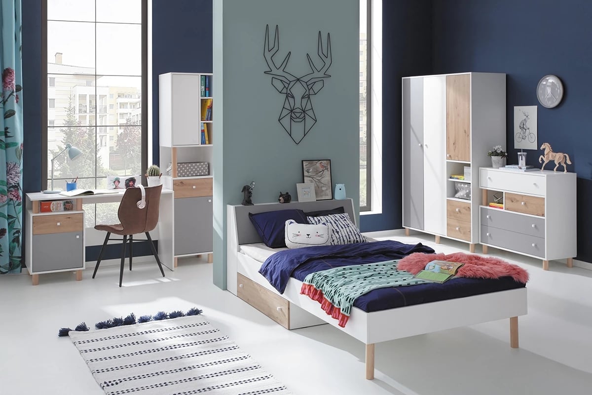 Komoda so štyrmi zásuvkami Faro FR10 - biely lux / dub artisan / šedá - Meblar  kolekcia Faro Systém A