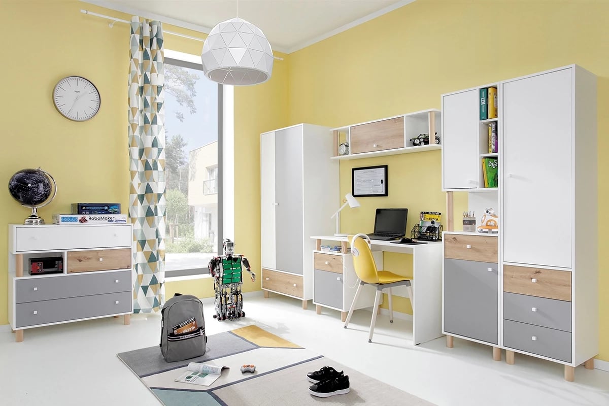 Komoda so štyrmi zásuvkami Faro FR10 - biely lux / dub artisan / šedá - Meblar kolekcia Faro Systém C