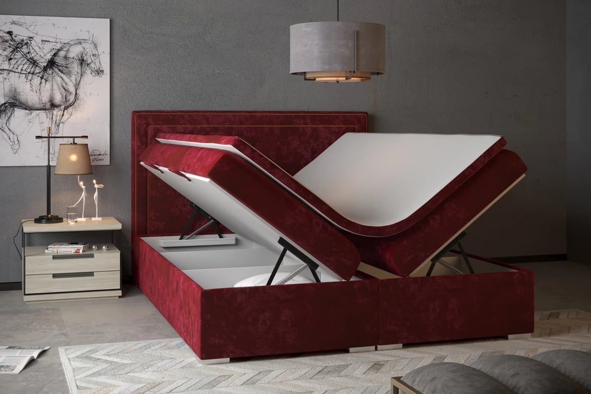 Boxspring postel Adelino s úložným prostorem 160x200 cm bordová postel 160x200 s úložnými prostory na ložní prádlo