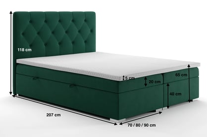 Boxspring posteľ Izyda s úložným priestorom - 180x200 cm Boxspring posteľ z pojemnikami Izyda - Rozmery