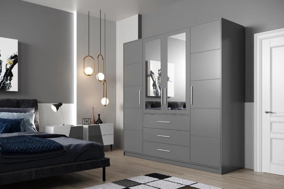 Šatníková skriňa Bali 196 cm s nadstavcom - grafitová Nadstavec z zrkadlami 