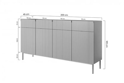 Komoda Nicole 200 cm a 4 zásuvky a 4 skříňky - bílý mat / dub artisan / bílé nohy Rozměry nábytku