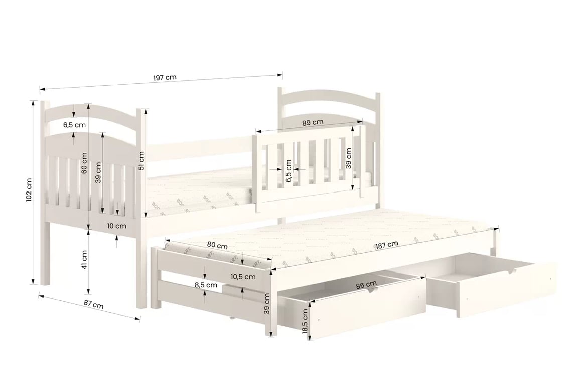 Dětská přízemní výsuvná postel Amely 80x190 cm - bílá postel dětské přízemní výsuvná Amely - Rozměry 