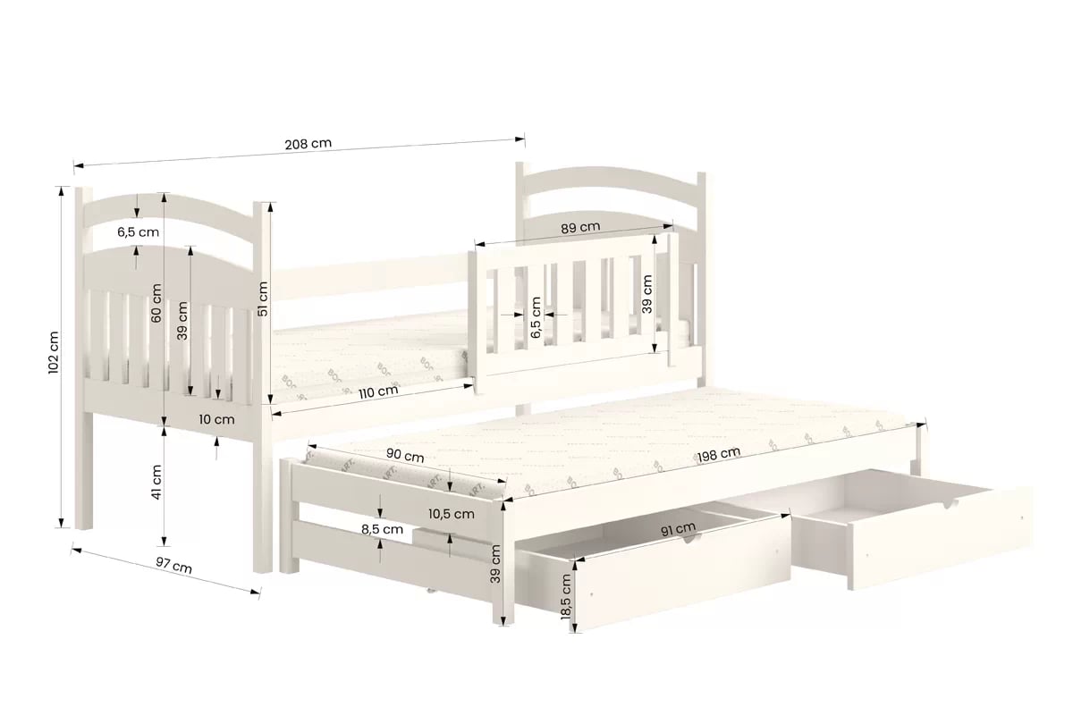 Detská posteľ s prístelkou Amely - Farba šedý, rozmer 90x200 Posteľ detská prízemná s výsuvným lôžkom Amely - Rozmery