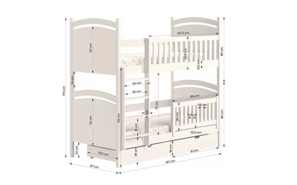 Poschodová posteľ Amely s tabuľou stierateľnou za sucha - 80x190 cm - biela Posteľ poschodová s tabuľou Amely - Rozmery