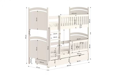 Patrová postel Amely s tabulí na fixy 80x200 cm - bílá postel patrová  s tabulí na suché mazání Amely - Rozměry