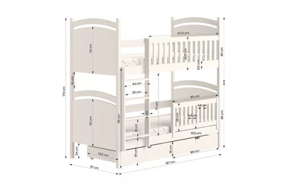 Patrová postel Amely s tabulí na fixy 90x180 cm - bílá postel patrová  s tabulí na suché mazání Amely - Rozměry