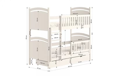 Patrová postel Amely s tabulí na fixy 90x190 cm - bílá postel patrová  s tabulí na suché mazání Amely - Rozměry