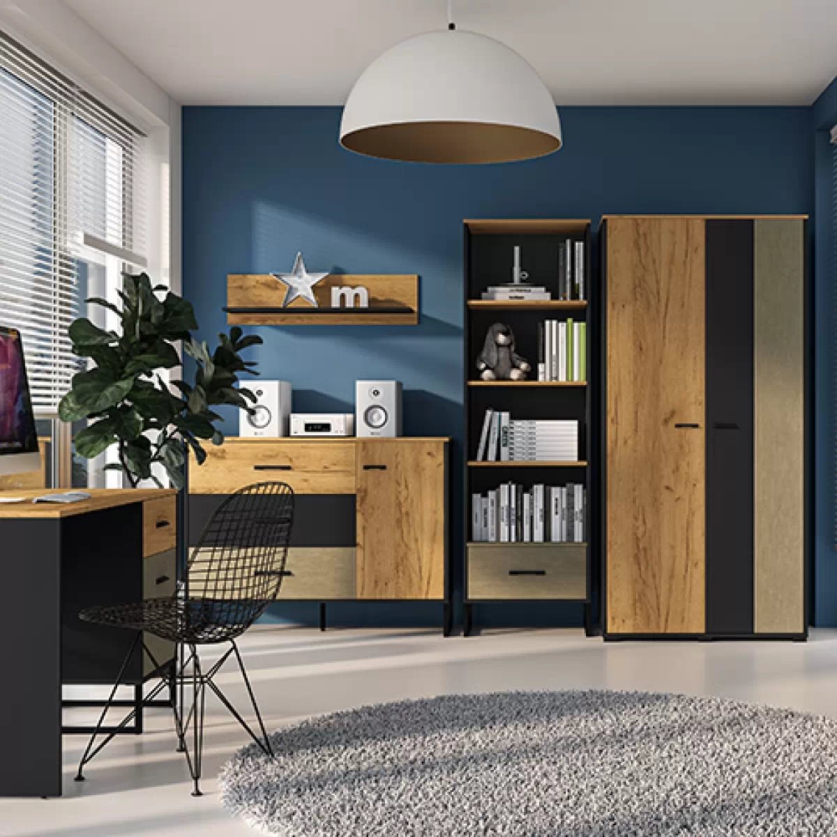 Regál Kawana 03 so zásuvkou 60 cm na kovových nohách - čierny / craft zlaté / oceľ premium Regál z szuflada Colt 03 na kovových nohách 60 cm - Čierny / craft zlaté / oceľ premium - pokoj nastolatka