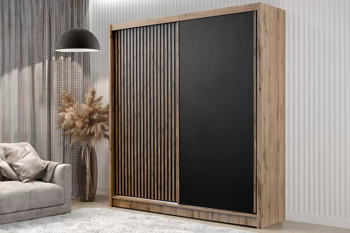 Skriňa s posuvnými dverami s lamelami London 203 cm - Dub wotan / Čierny Skriňa s posuvnými dverami z lamelami London 203 cm - Dub wotan / Čierny - vizualizácia 