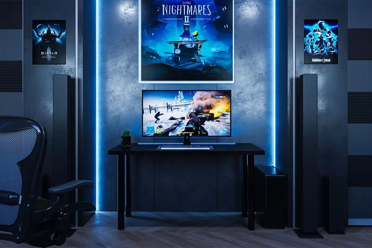 Polohovateľný PC stôl Lamit 120 cm s LED pásikom - čierna Písací stôl gamingowe Lamit 120 cm z regulacja wysokosci oraz tasma LED - Čierny