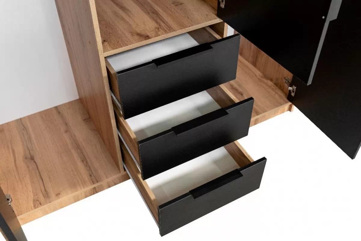 Skříň Bali 149 cm s lamelami - dub wotan / černá skříň Bali D3 Lux szauflady