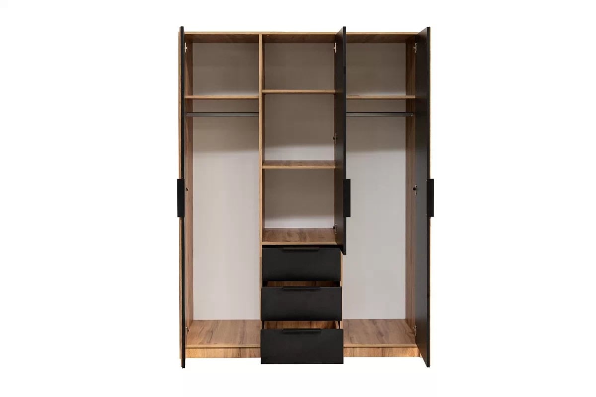 Skříň Bali 149 cm s lamelami - dub wotan / černá skříň Bali D3 Lux wnetrze