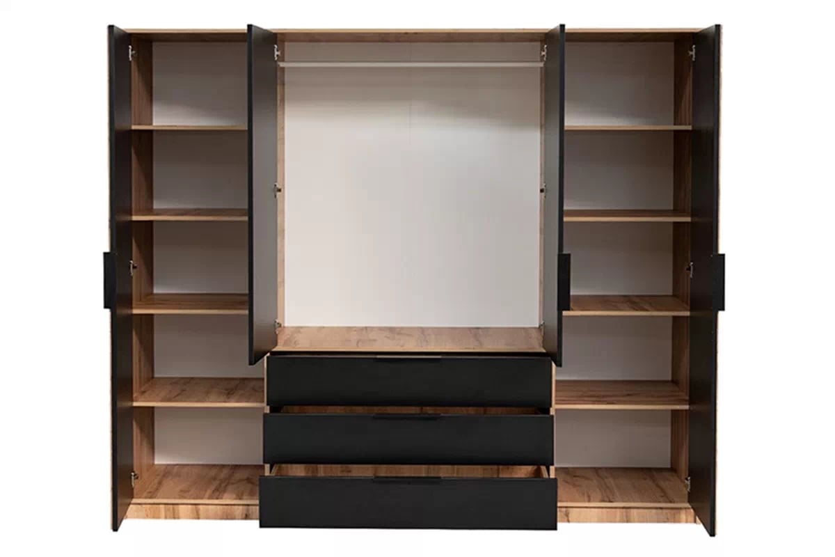 Šatníková skriňa Bali 196 cm so zrkadlom a lamelami – dub wotan / čierna Skriňa štvordverová z lamelami i zrkadlom Bali Lux D4 196 cm - Dub wotan / Čierny - vnútro