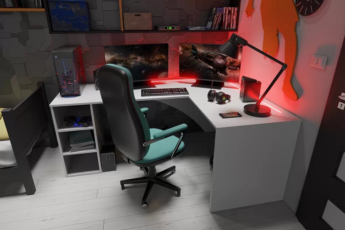 PC stôl narozne pravá Kerbi 135 cm s LED - biely Písací stôl gamingowe narozne pravý Kerbi 135 cm z tasma LED - Biely 