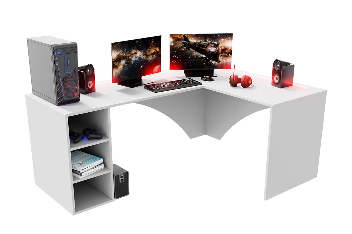 PC stôl narozne pravá Kerbi 135 cm s LED - biely Písací stôl gamingowe narozne pravý Kerbi 135 cm z tasma LED - Biely 