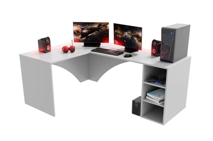 Birou de scris gaming colț stânga Kerbi 135 cm cu bandă LED - alb