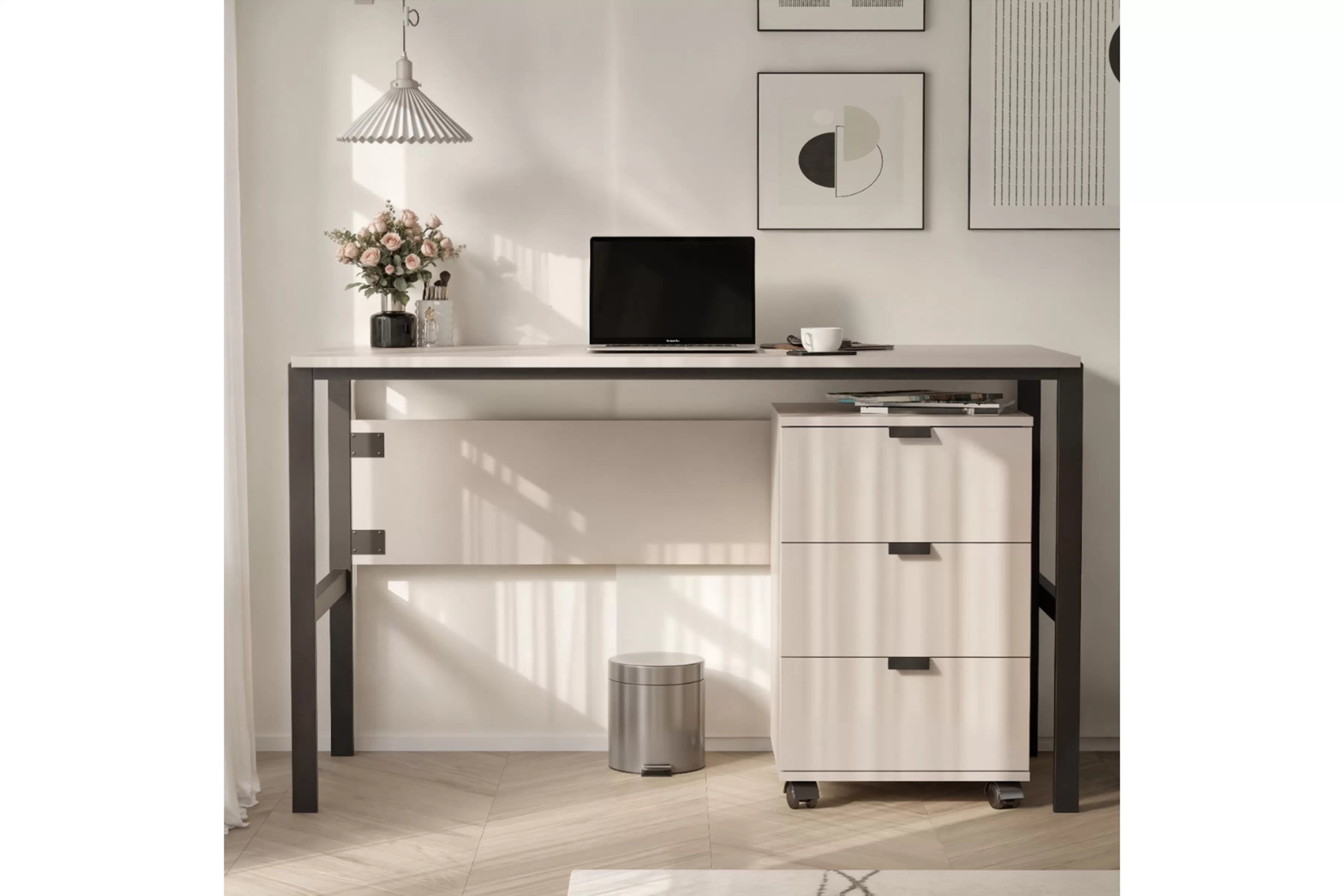 Písací stôl Cremona na kovových nohách s kontajnerom - piesková béžová Písací stôl Cremona na kovových nohách s kontajnerom - Béžová Pieskový 