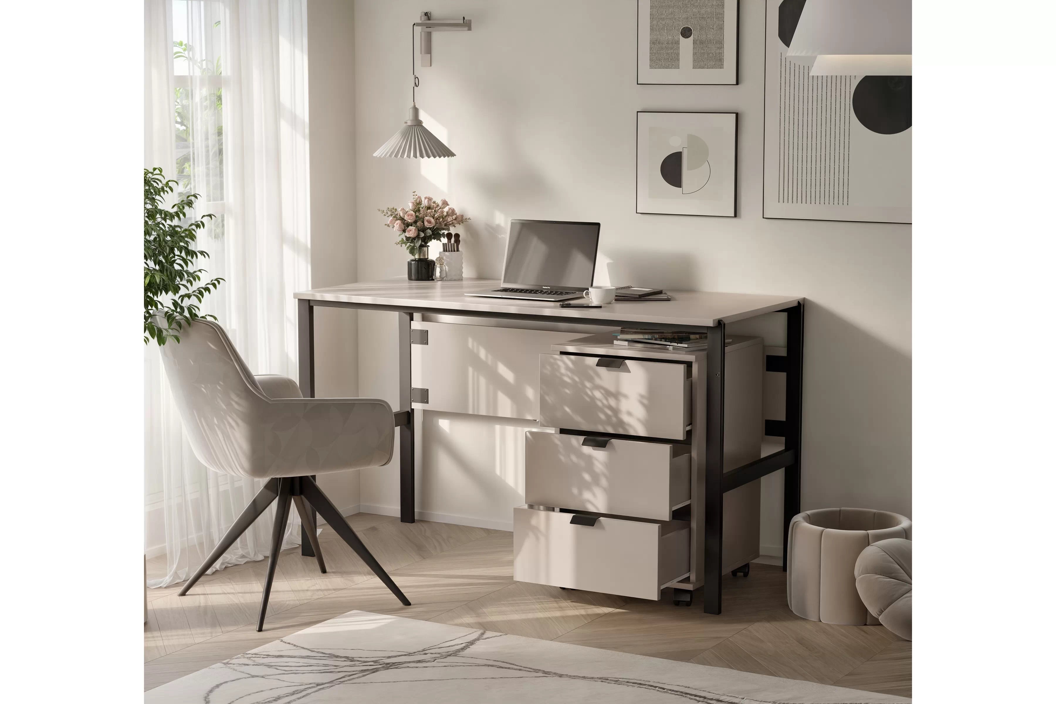 Písací stôl Cremona na kovových nohách s kontajnerom - piesková béžová Písací stôl Cremona na kovových nohách s kontajnerom - Béžová Pieskový 