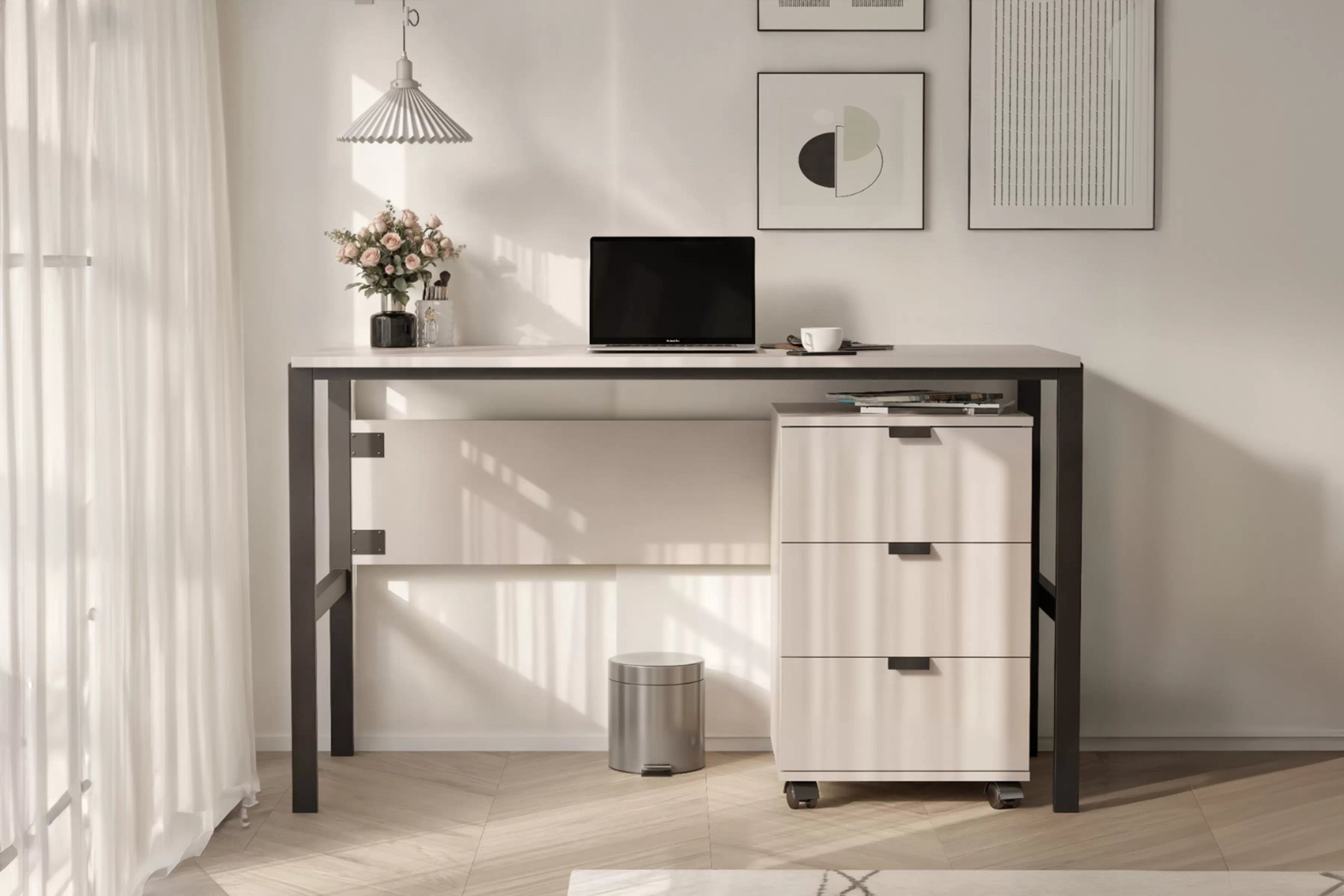 Písací stôl Cremona 128 cm s kontajnerom - pieskový béžový Písací stôl Cremona na kovových nohách s kontajnerom - Béžová Pieskový