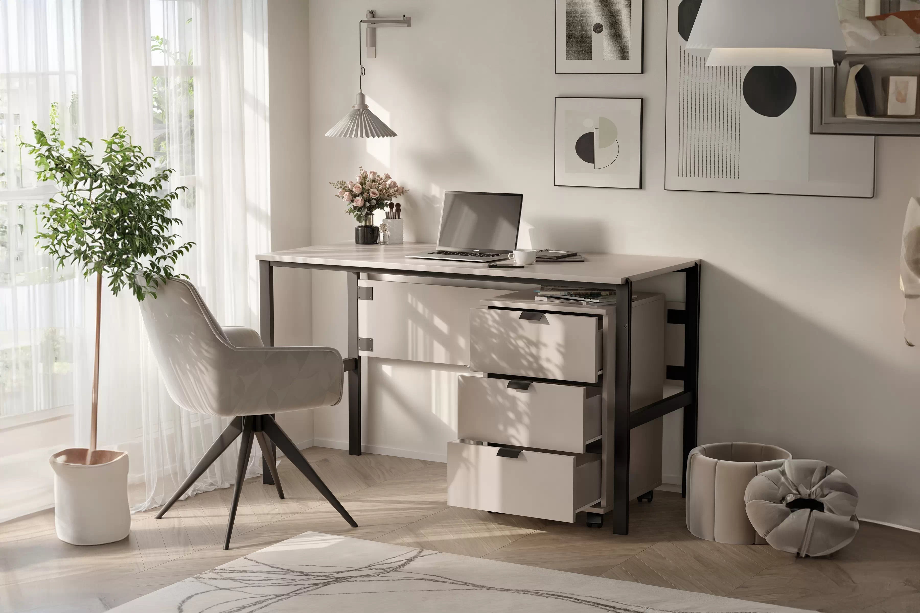 Písací stôl Cremona 128 cm s kontajnerom - pieskový béžový Písací stôl Cremona na kovových nohách s kontajnerom - Béžová Pieskový