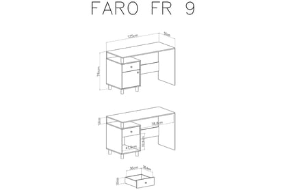 Písací stôl Faro FR9 - biely lux / dub artisan / šedá - Meblar Písací stôl pre mládež Faro FR9 - Biely lux / Dub artisan / šedý - schemat