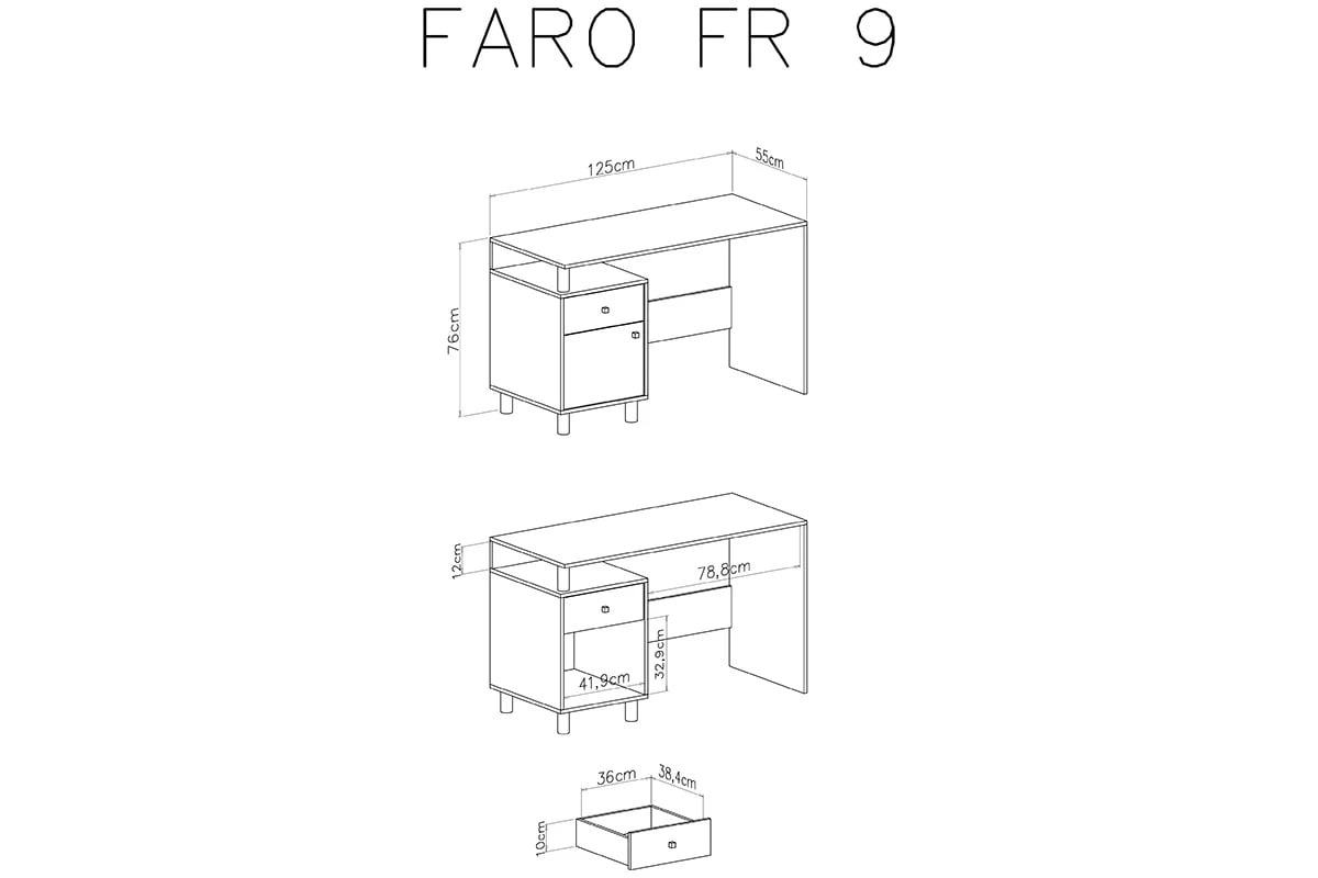 Psací stůl Faro FR9 - bílý lux / dub artisan / šedá Psací stůl do mládež Faro FR9 - Bílý lux / Dub artisan / šedý - schemat