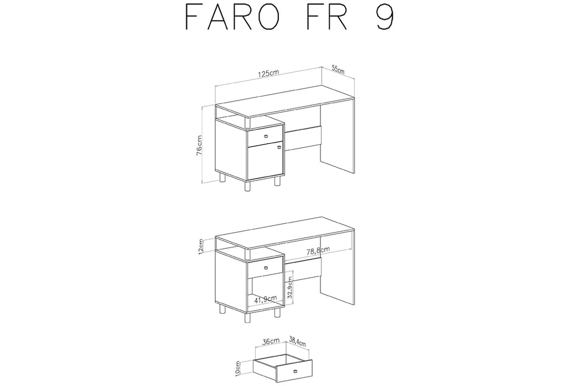 Písací stôl Faro FR9 - biely lux / dub artisan / šedá - Meblar Písací stôl pre mládež Faro FR9 - Biely lux / Dub artisan / šedý - schemat