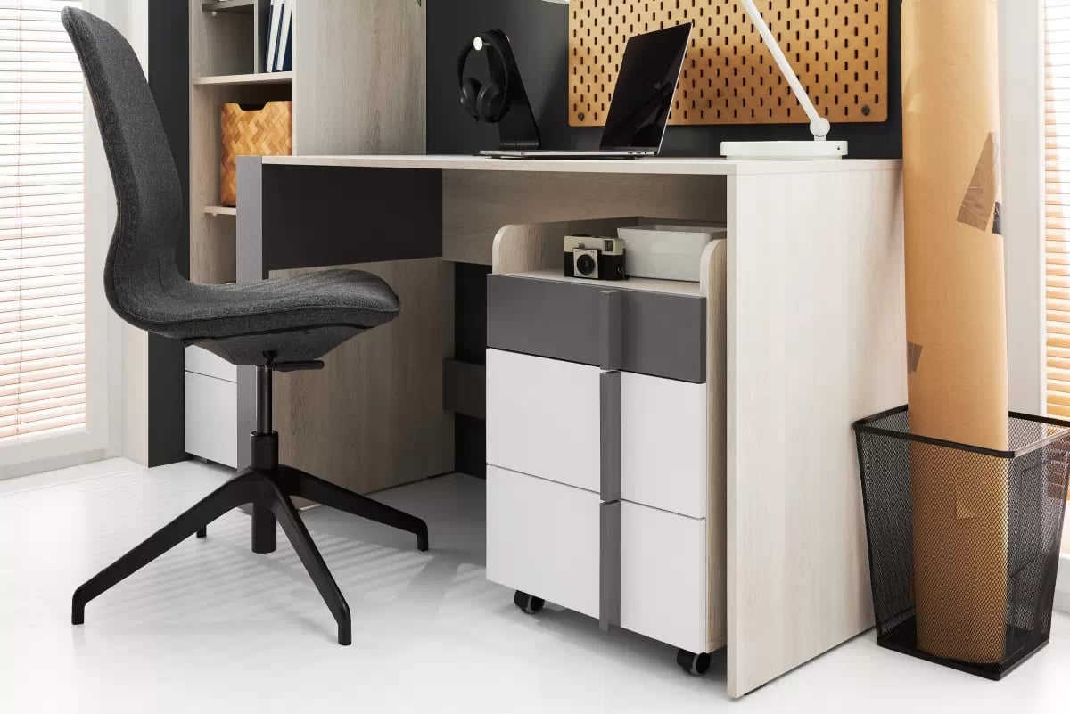 Písací stôl Lumo 130 cm so skrinkou - dub wilton biely / biely lux / antracitová Písací stôl mlodziezowe Lumo 130 cm s kontajnerom - Dub wilton biela / biela lux / Antracytová