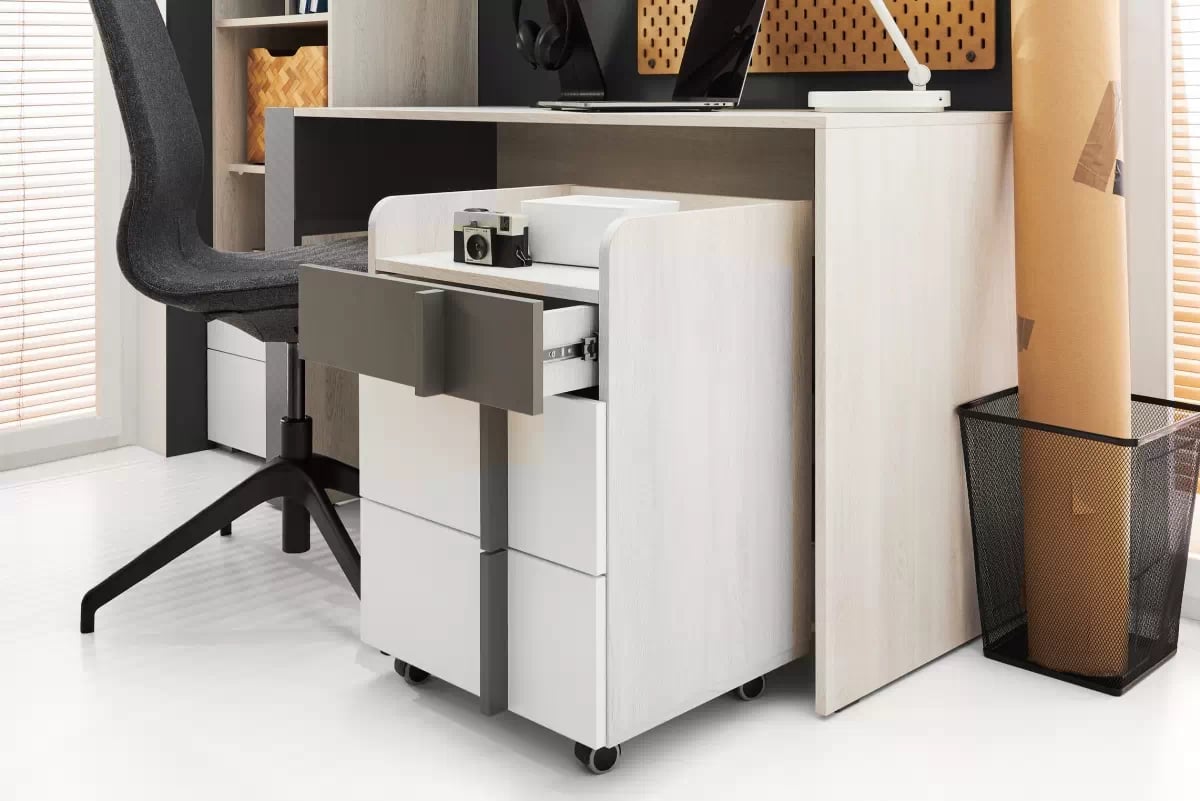 Písací stôl Lumo 130 cm so skrinkou - dub wilton biely / biely lux / antracitová Písací stôl mlodziezowe Lumo 130 cm s kontajnerom - Dub wilton biela / biela lux / Antracytová